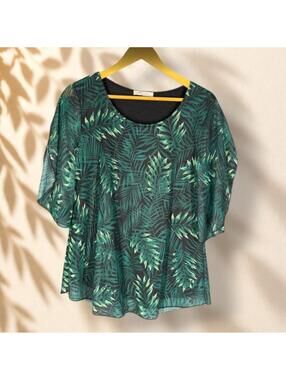 Sese Code Blouse Women M Medium Green Floral Short Sleeve Round Neck Casual